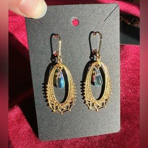 Gold Teardrop Hoops With Iridescent Glass Bead, gold Dangle Earring, Teardrop